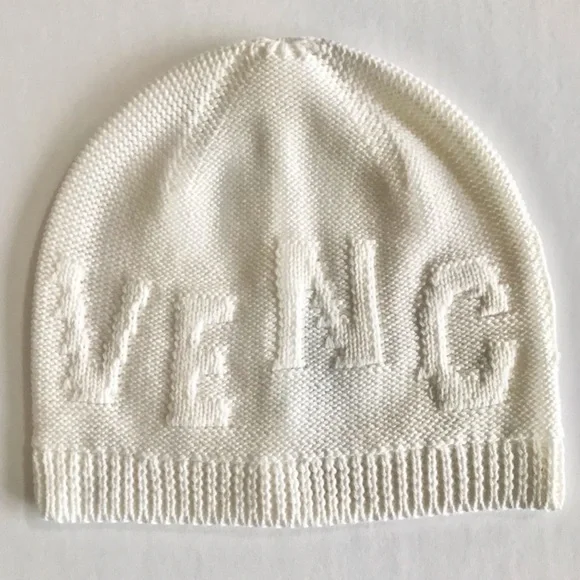 Givenchy Tonal Raised Logo Jacquard Knit Wool Beanie Hat Cream Off White NWT - Picture 1 of 15
